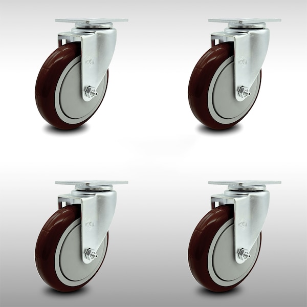 5 Inch SS Maroon Polyurethane Wheel Swivel Top Plate Caster Set